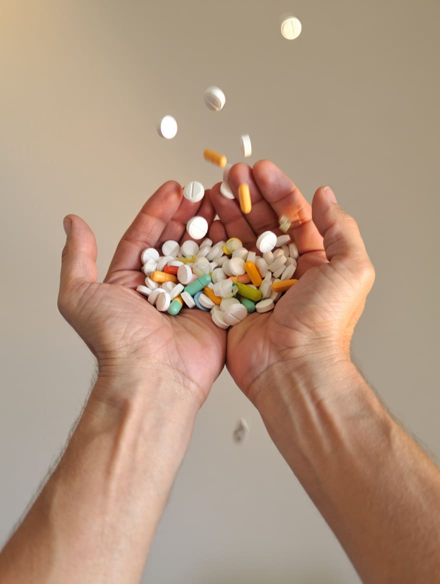 Крупный план рук с переполненными таблетками
